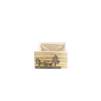 Houten bak bruin met donker bruine print rendier en kerstbomen vierkant 20x20 H11 B20x20cm