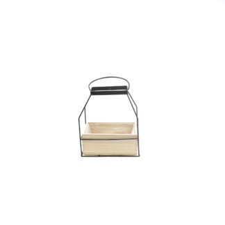 Lantaarn metaal zwart 22x17 H24/34 met naturel houten planter 20x15 H8cm