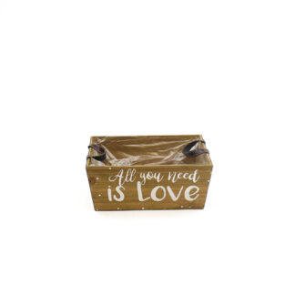 Houten bak bruin ''All you need is love'' rechthoek met leren handvaten 24x18 H10