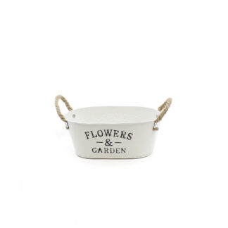 Zinc pot oval white "Flowers & Garden" with rope ears 24,5x15 H10cm
