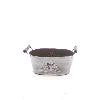 Zink ovaal whitewash met houten oren en vogel print 25x14cm