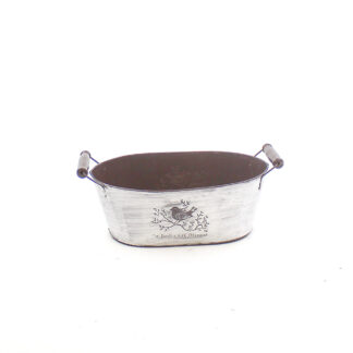 Zink ovaal whitewash met houten oren en vogel print 30x19cm