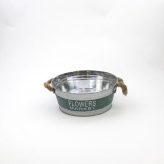 Zink rond naturel met groen met touw oren "Flowers Market"  D25 H10 B20cm
