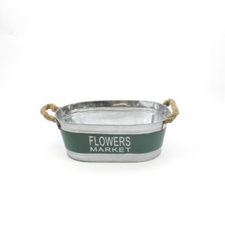 Zink ovaal naturel met groen met touw oren "Flowers Market" 30x19 H11 B25x14cm