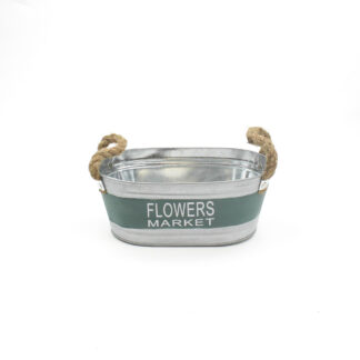 Zink ovaal naturel met groen met touw oren "Flowers Market" 26x15 H10 B21x12cm