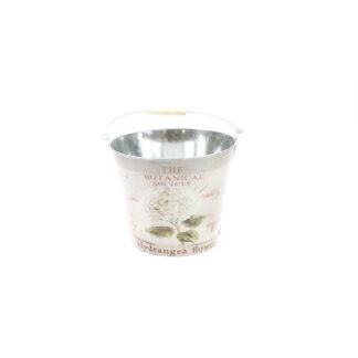 Zinken emmer met witte hortensia opdruk D24 H20 B17,2cm