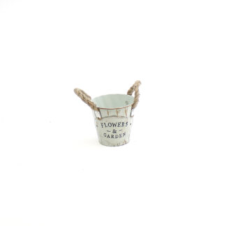 Zink pot met verticale strepen "Flowers & Garden" licht-groen met touw oren D11 H10 B7,5cm