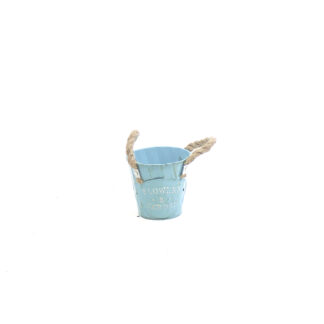 Zink pot met verticale strepen "Flowers & Garden" blauw met touw oren D11 H10 B7,5cm