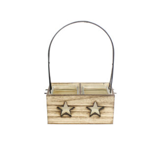 Houten bak met sterren met metalen hengsel rechthoek 23x12 H11/35 met 2 glaspotten vierkant 10x10 H10cm