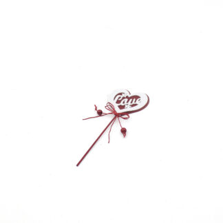 Houten hart rood en wit 7,5cm op steker 12cm met strik en kralen