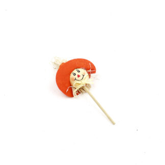 Stropop hoofd met oranje hoed op steker 10cm