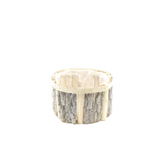Houten bak verticale stukken schors en naturel rond D26 H15 B26cm