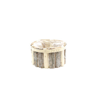 Houten bak verticale stukken schors en naturel ovaal 24x19 H13 B20x15cm