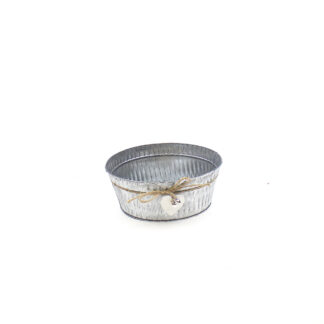 Zink verticale strepen whitewash met touw en houten hart wit en zilveren hartjes rond D25 H10cm